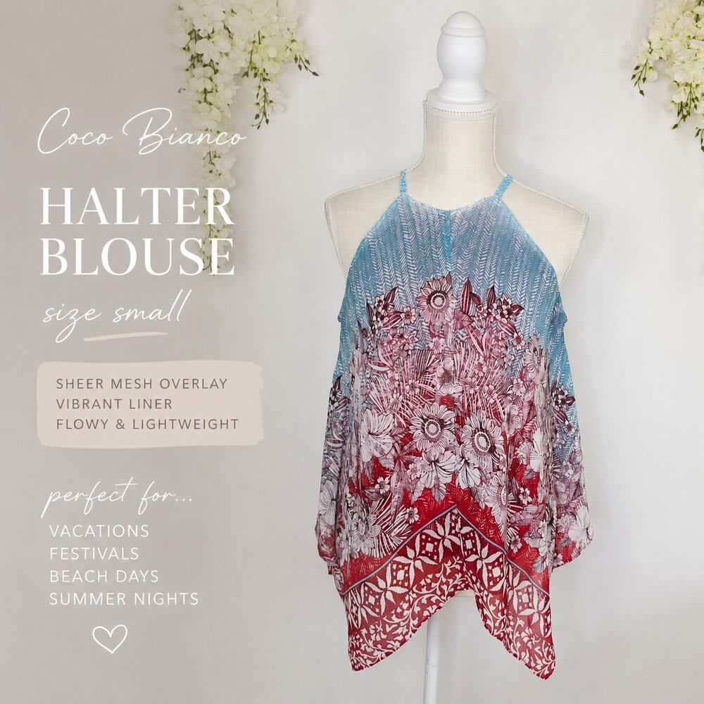 Coco Bianco Halter Blouse Small Sheer Blue Red Floral Handkerchief Boho Beachy